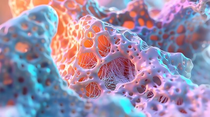 Obraz premium Protein fibers in bone tissue, microscopic view, highly detailed, scientific illustration,