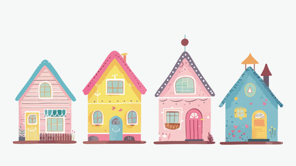 Four small tiny houses. Paper cut style. Flat design.