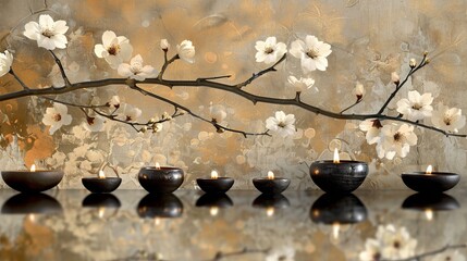   A table bears a collection of black bowls, adjacent to a branch adorned with white blossoms