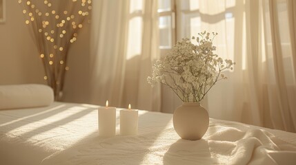   A vase filled with flowers atop a bed Two candles on a white blanket, nearby