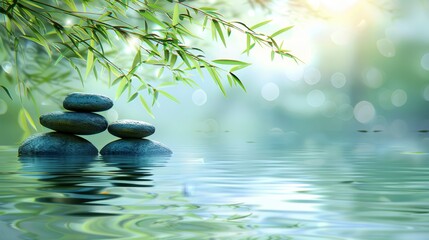 Fototapeta premium A collection of rocks balanced atop a water body, backed by bamboo foliage
