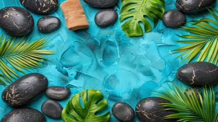 Foto op Plexiglas   A blue tray holds rocks, leaves, and a slice of bread atop a cool, ice-covered blue surface © Mikus