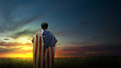Portrait of a rear man wearing an American flag on his back - 787866675