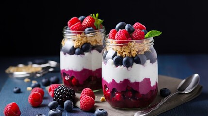 Homemade granola with milk, fresh berries, milk in glass bowl for breakfast on table