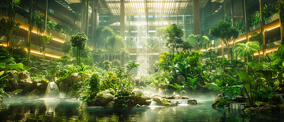 Lush Tropical Rainforest with Waterfall, Dense Greenery and Misty Atmosphere, Natures Serenity and Beauty