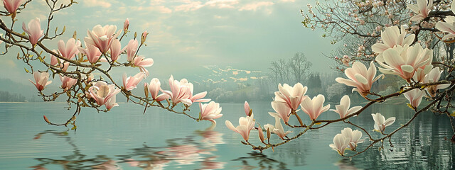  
Pink blossoming magnolia  flowers over blue water on beautiful, misty day. Spring vibes 
