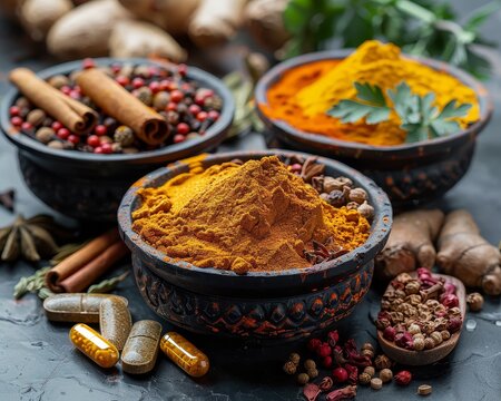 Capture the essence of vibrant Indian spices by blending a wideangle view of Matbukha with a hint of pharma elements Create a visually striking image that conveys a fusion of flavors and health benefi