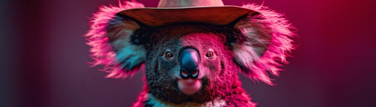 Embrace the fusion of nature and Western vibes in a captivating long shot of a magenta koala in a cowboy hat Enhance the design with Leggotype font details for a modern twist Let your imagination Burn