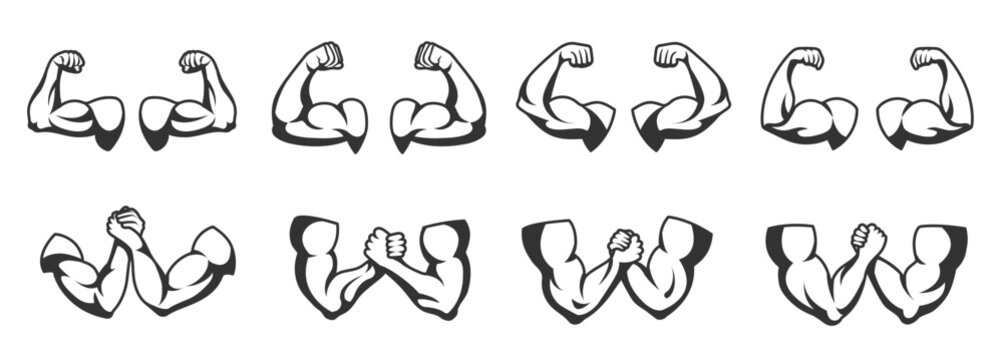 Strong arm muscles. Muscular arms, flexing biceps and fitness or gym stencil cartoon vector illustration set