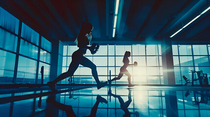 Happy Athletic Couple Exercising with Hand Weights in Gym Dynamic Action Shot

