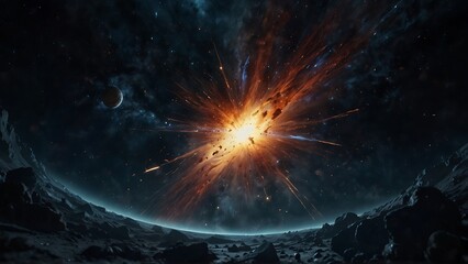 Huge explosion in space, the Big Bang, a sky filled with galaxies, stars and nebulae in the vastness of space.