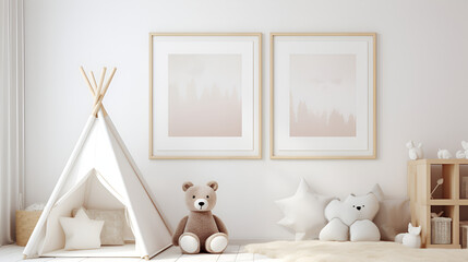 Fototapeta na wymiar Bedroom Decor Delight A 3d Render Of A Soft Toy Filled Kids Room With Empty Photo Frame Background 