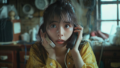 A girl in China is on a phone call at home and hears painful news, life scenes,generative ai