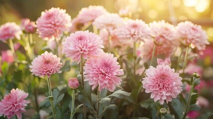   A multitude of pink blooms gleam vividly against the backdrop of sunlit foliage, with flowers in foreground displaying this radiant scene