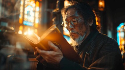 In a quiet chapel, an Asian man bows his head in deep contemplation, his hands clasped over a cherished Bible. Rays of sunlight filter through stained glass windows, casting a warm glow - obrazy, fototapety, plakaty