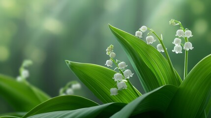   A tight shot of Lily of the Valley blooms against a backdrop of green foliage Background trees are softly blurred