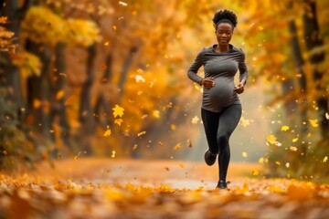 Jogging through autumn leaves, a pregnant woman enjoying fitness in fall season