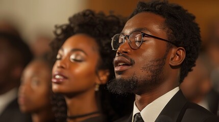 With heads held high and hearts full of praise, an Afro-American man and woman Gospel singers stand before the congregation, their voices raised in jubilant song. Their spirited performance reflects - obrazy, fototapety, plakaty