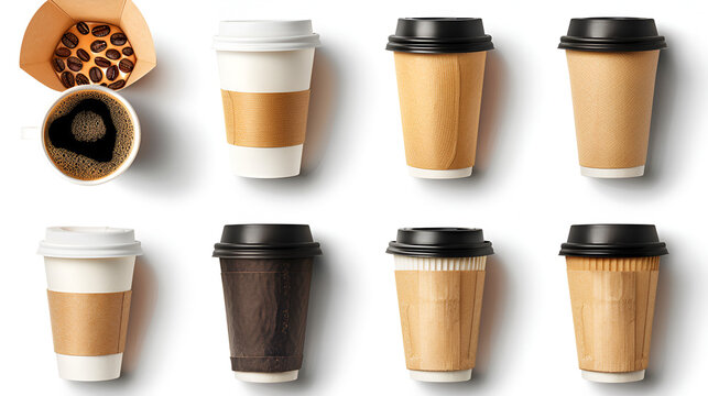 Top view Set of paper takeaway cups of different black coffee on a white background, generative Ai