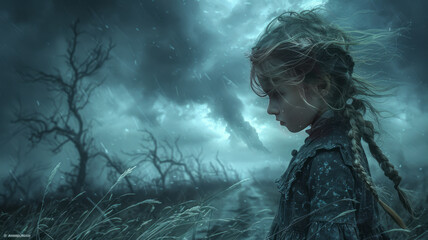 Fototapeta premium a small girl, with a determined expression, she is walking down a desolate road, clutching a Teddy bear, under a heavy sky,generative ai