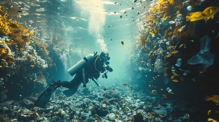 Amidst the crystal-clear waters of the ocean, a scuba diver dives deep into the abyss, their mission clear: to clean and remove plastic and garbage waste from the underwater environment.  - obrazy, fototapety, plakaty