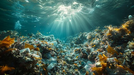 Beneath the surface of the ocean, a scuba diver navigates through a labyrinth of plastic and garbage waste, their mission clear: to clean and remove the debris that threatens the health of our seas.  - obrazy, fototapety, plakaty