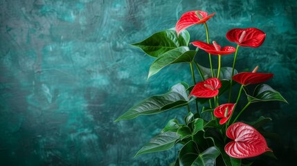   A red-flowered vase atop a wooden table, against a green wall in a room - obrazy, fototapety, plakaty