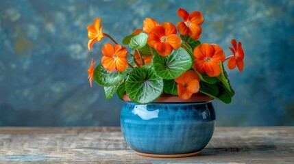   A blue vase, brimming with orange blossoms, rests atop a weathered wooden table Beyond, a blue wall serves as the backdrop - obrazy, fototapety, plakaty