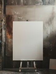 A white canvas on a wooden easel with a white canvas on it - obrazy, fototapety, plakaty