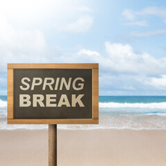 Summer break is shown using the text with wooden board against the beautiful beach in the background.