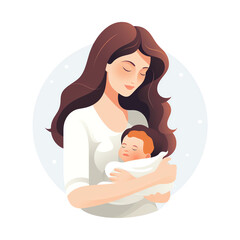A flat vector illustration of an elegant woman with long brown hair holding her newborn baby 