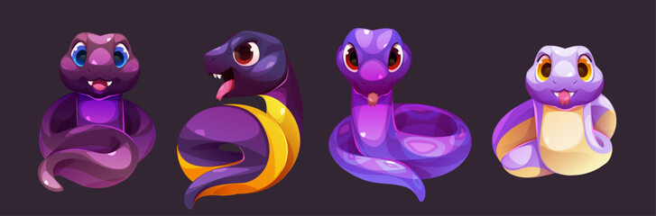 Set of snake characters isolated on black background. Vector cartoon illustration of cute purple, blue and yellow serpent mascots with smile, angry face, forked tongue and poisonous teeth, zoo pet
