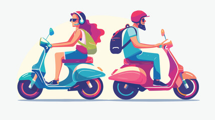 Guy and the girl couple are riding the moto scooter.