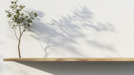   A potted plant atop a wooden shelf casts a leaf shadow onto the wall behind it