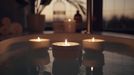 Obraz na płótnie Canvas Three lit candles sit atop a table, near a potted plant