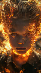 boy in extreme detail with fire all around him and a house burn down. Have him have fire hair and black eyes.generative ai