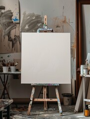 A white canvas on a wooden easel with a white canvas on it