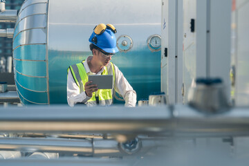 Construction engineer on a rooftop checking HVAC systems, with urban skyline in the distance