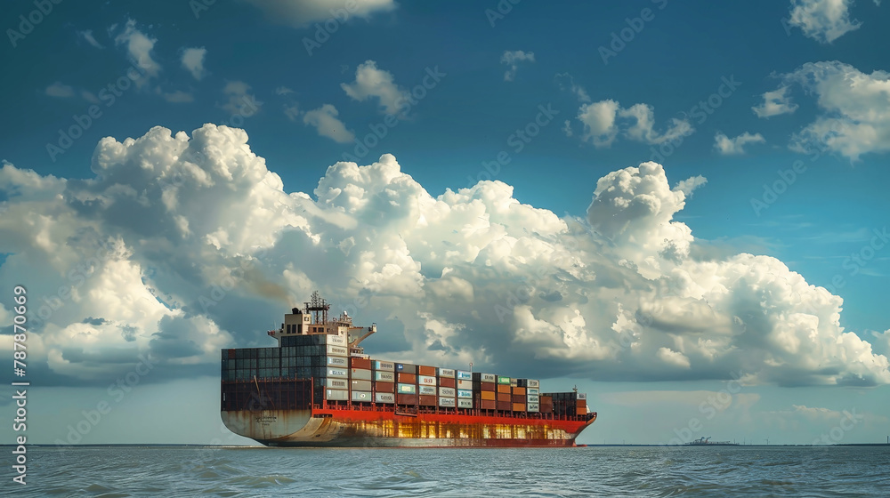 Poster a large cargo ship floating on a body of water while transporting containers