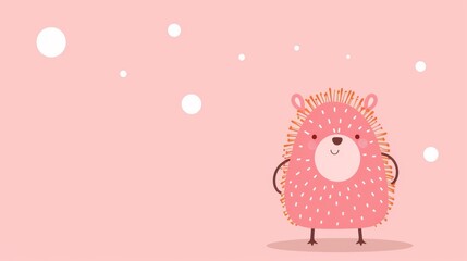 Naklejka premium A pink hedgehog on hind legs against a pink backdrop, surrounded by bubble shapes
