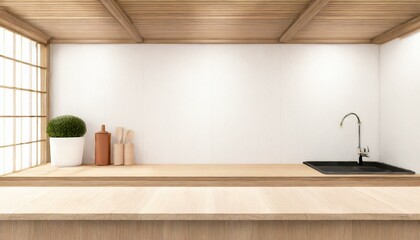 Clean Lines, Warm Tones: Minimalist Japan Style Counter Mockup with Bright Wood Counter and White Wal