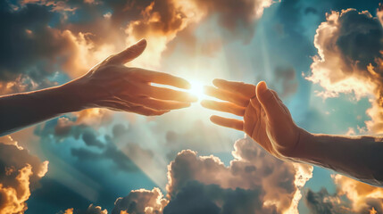 Two hands reaching towards each other in the sky, creating a moment of connection and unity - obrazy, fototapety, plakaty