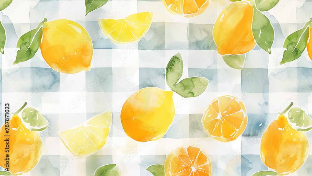 Wall mural Sunny Checks: Lemon Pastel Gingham Watercolor Illustration