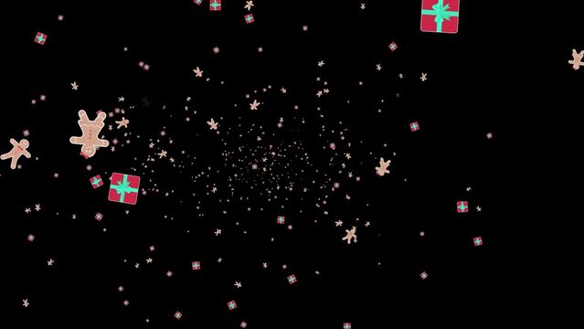 4K Flying Particle Gift Boxes and gingerbread cookies motion design. Party and Holiday Celebration Concept Texture Background Template. Christmas and New yaar concept isolated motion background.