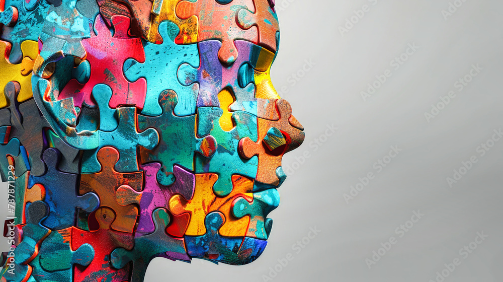 Poster close-up of a human face constructed entirely from colorful interlocking puzzle pieces