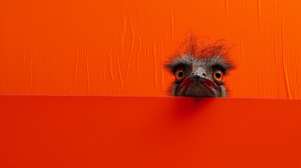   An ostrich peeks over a red wall, its head sticking out from the top