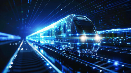 A modern passenger train with neon lights travels through a bustling city at night, showcasing a futuristic and vibrant urban scene
