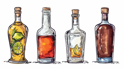 Hand drawn Four bottles of alcohol in unique trendy - obrazy, fototapety, plakaty