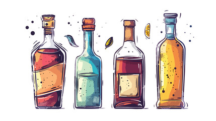 Hand drawn Four bottles of alcohol in unique trendy - obrazy, fototapety, plakaty