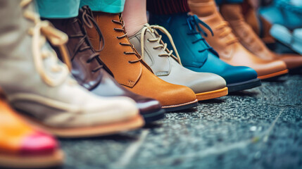 A row of mens boots lined up elegantly on a tiled floor, creating a sense of uniformity and strength